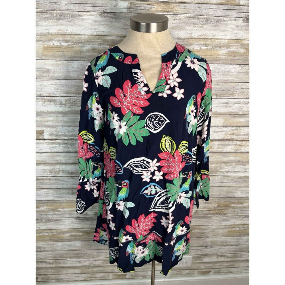 Crown & Ivy Womens Top Tunic or Dress Blue Flowers Birds Long Sleeve V Neck S